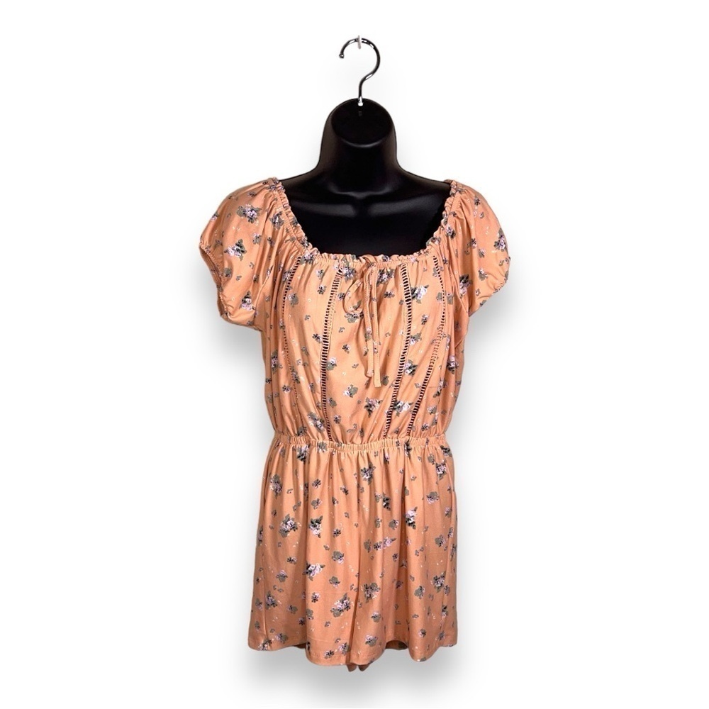SMALL RUE21 PEACH FLORAL ROMPER RUFFLE COTTAGECORE STRETCH ORANGE